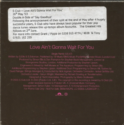 UK 'Love Ain't Gonna Wait For You' Promo (Back)
